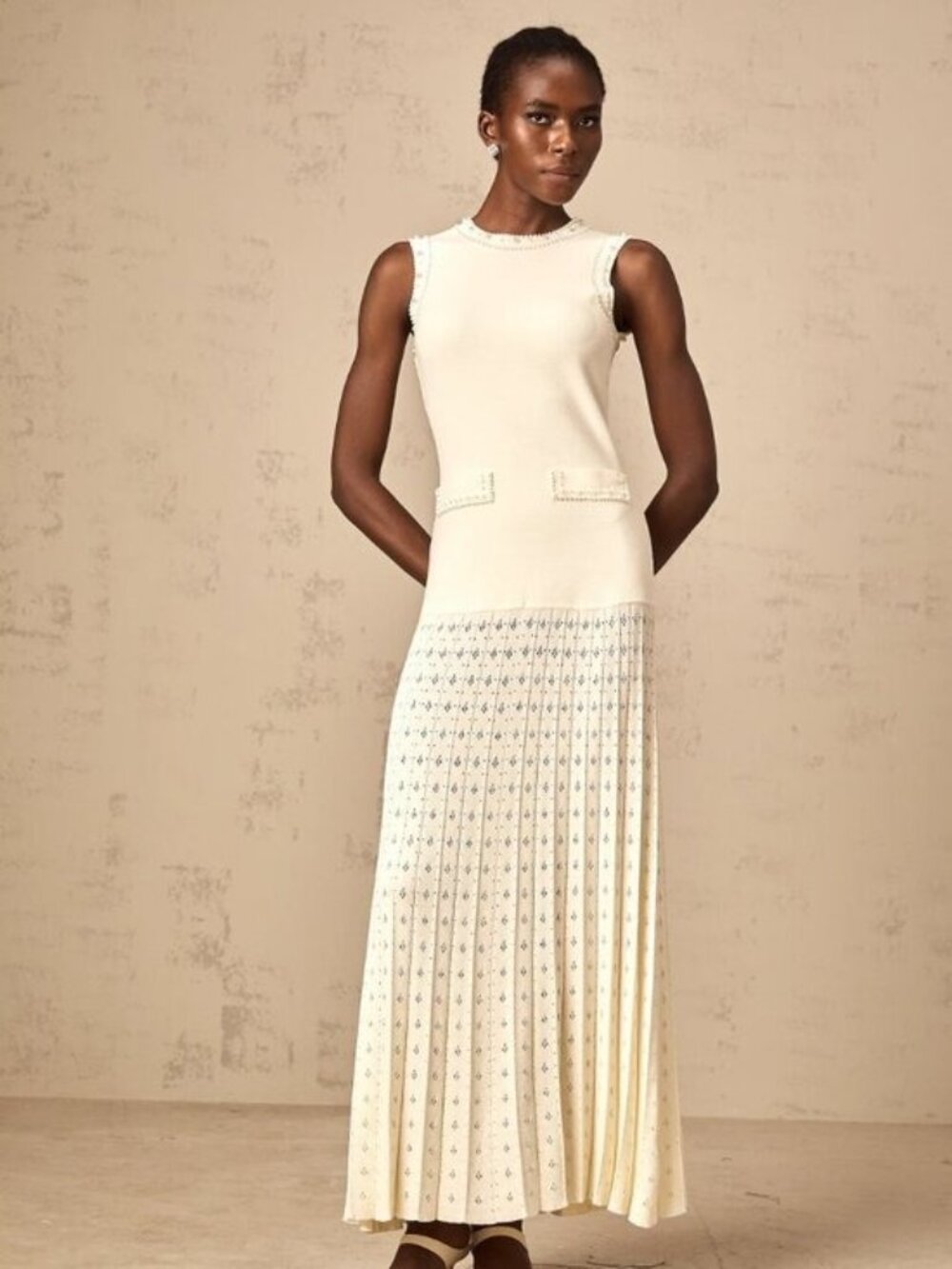 Sandro Pearl Bead Knit Maxi Pleated Pockets Round Neck Midi Dress